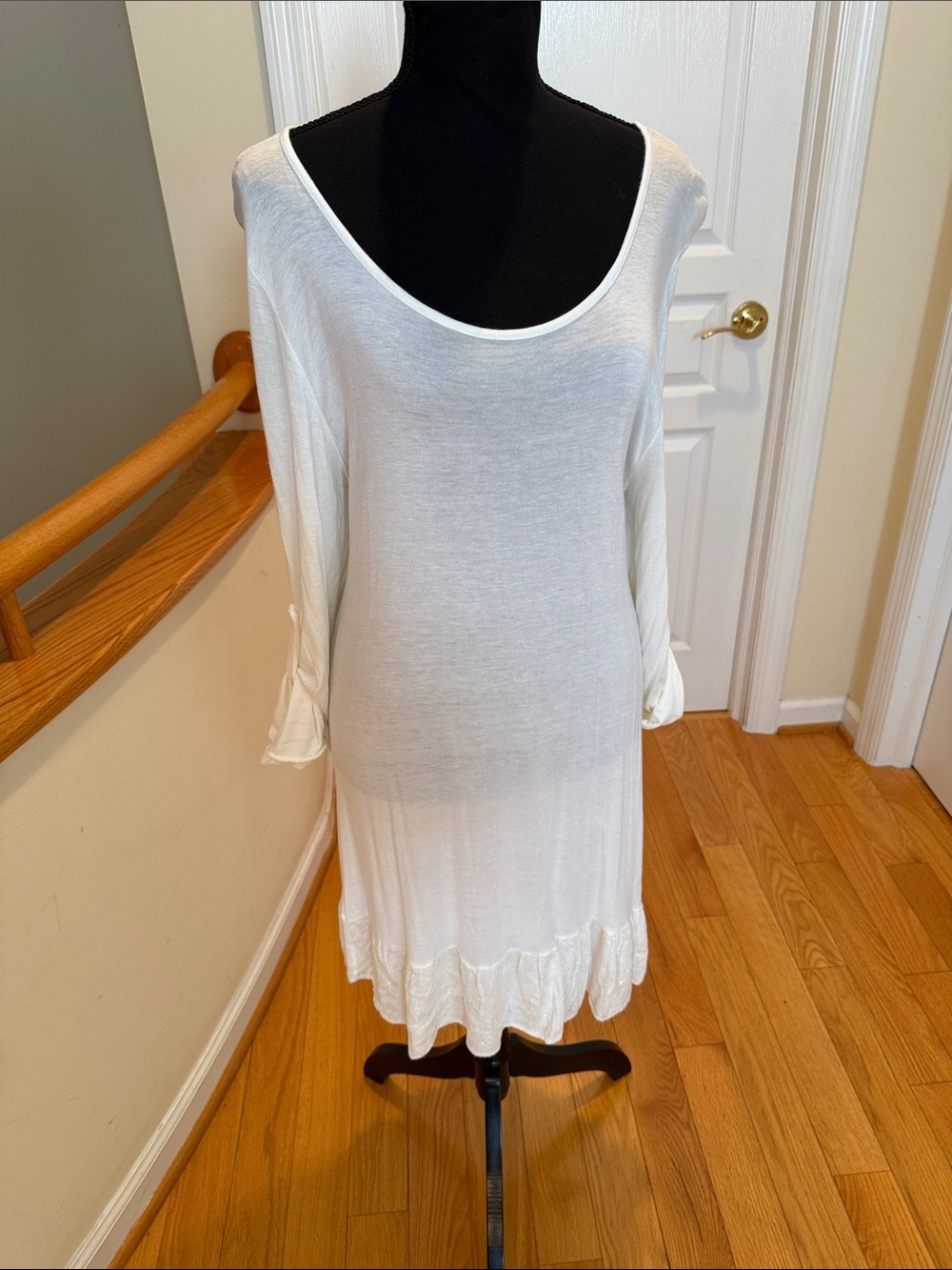 Lightweight White Scoop Neck Long Sleeve Dress/ Tunic with Ruffle Hem